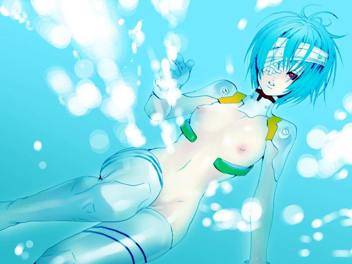 ayanami rei, neon genesis evangelion, 1girl, bandage over one eye, bandages, blue hair, breasts, eyepatch, female focus, mecha pilot suit, nipples, pale skin, plugsuit (evangelion), red eyes, short hair, small breasts, solo, underwater