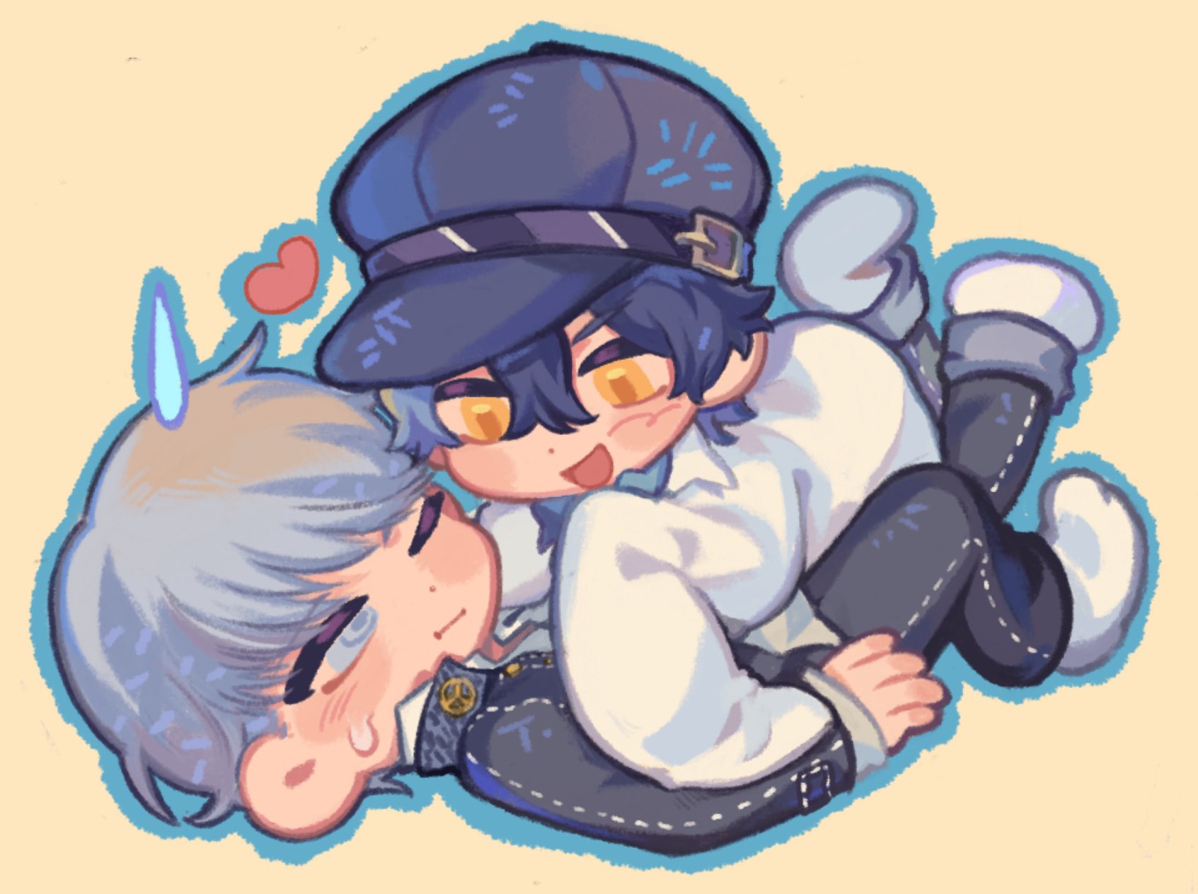 narukami yu, shadow naoto, shirogane naoto, persona, persona 4, commentary request, highres, korean commentary, 1boy, 1girl, black jacket, black pants, blue hair, blush, closed mouth, full body, girl on top, grey eyes, grey hair, hat, heart, hetero, jacket, lab coat, long sleeves, looking at another, lying, newsboy cap, on back, on person, one eye closed, open mouth, pants, school uniform, short hair, simple background, sleeves past fingers, sleeves past wrists, smile, sweat, xikq0py, yasogami school uniform, yellow background, yellow eyes