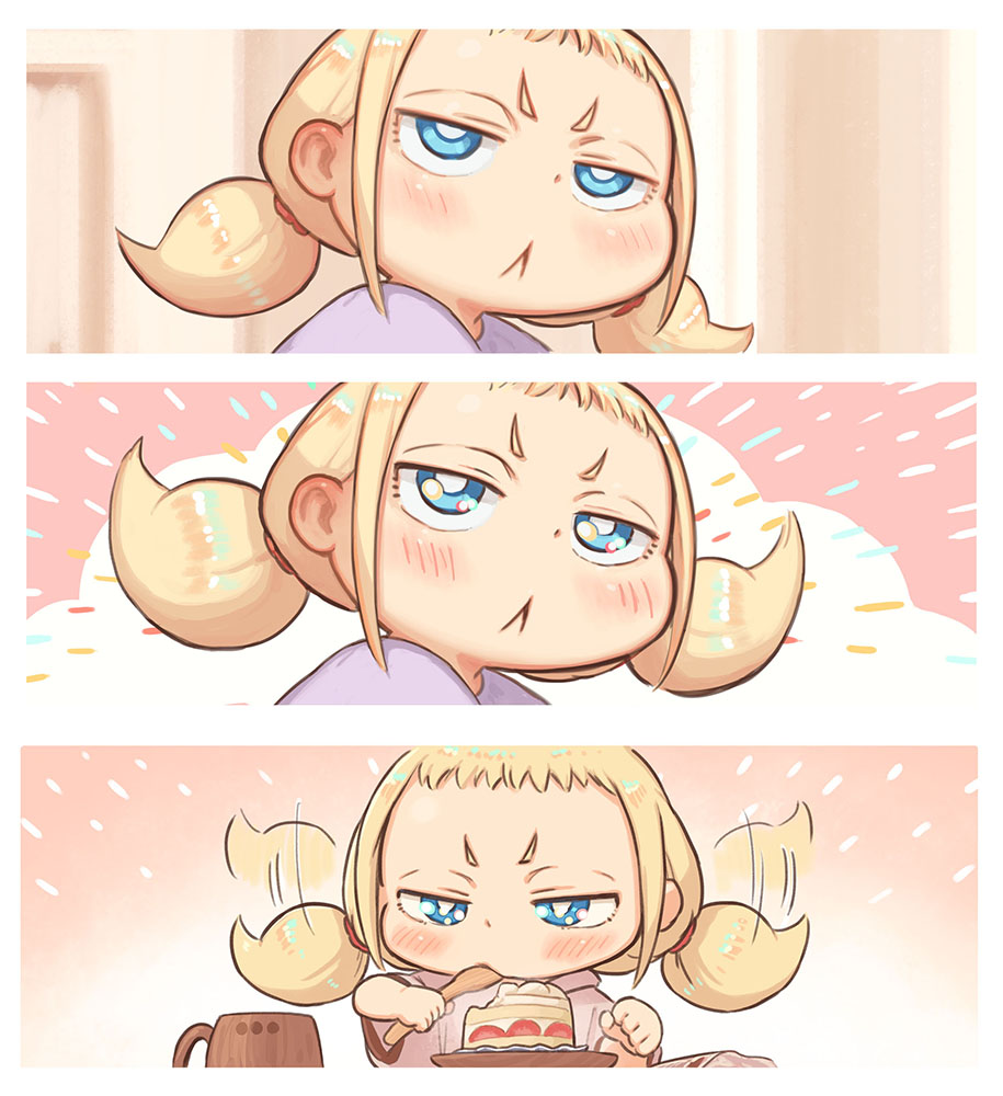 kozato (yu kozato), little blonde girl (kozato), original, 1girl, :<, afterimage, blonde hair, blue eyes, blush, cake, cake slice, closed mouth, flapping, food, holding, holding spoon, hood, hood down, hoodie, short eyebrows, short sleeves, spoon, thick eyebrows, twintails, v-shaped eyebrows, white hoodie, wooden spoon