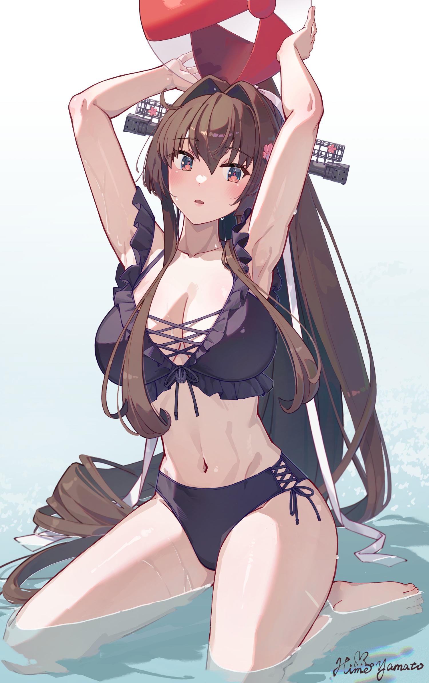 himeyamato, naganami (kancolle), naganami kai ni (kancolle), yamato (kancolle), yamato kai ni (kancolle), kantai collection, highres, 1girl, armpit peek, armpits, arms up, artist name, ball, beachball, bikini, black bikini, breasts, brown hair, cherry blossoms, cosplay, flower, frilled bikini, frills, front-tie bikini top, front-tie top, hair between eyes, hair flower, hair intakes, hair ornament, headgear, holding, holding ball, holding beachball, large breasts, long hair, looking at viewer, naganami (kancolle) (cosplay), naganami kai ni (kancolle) (cosplay), naganami kai ni (swimsuit) (kancolle), navel, ponytail, red eyes, side-tie bikini bottom, sidelocks, signature, solo, swimsuit, very long hair