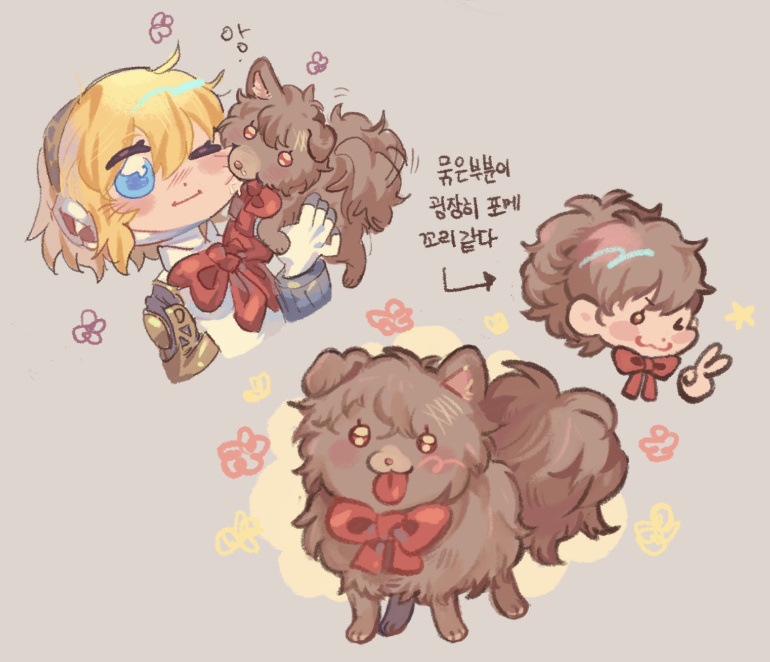 aigis (persona), shiomi kotone, persona, persona 3, persona 3 portable, commentary request, highres, korean commentary, translation request, 2girls, android, animal, animalization, biting, biting cheek, blonde hair, blue eyes, blush, bow, bowtie, brown hair, closed mouth, dog, grey background, holding, holding animal, holding dog, joints, korean text, looking at viewer, multiple girls, multiple views, one eye closed, person and animalization, red bow, red bowtie, red eyes, robot joints, short hair, simple background, smile, standing, tail, tail wagging, tongue, tongue out, v, xikq0py