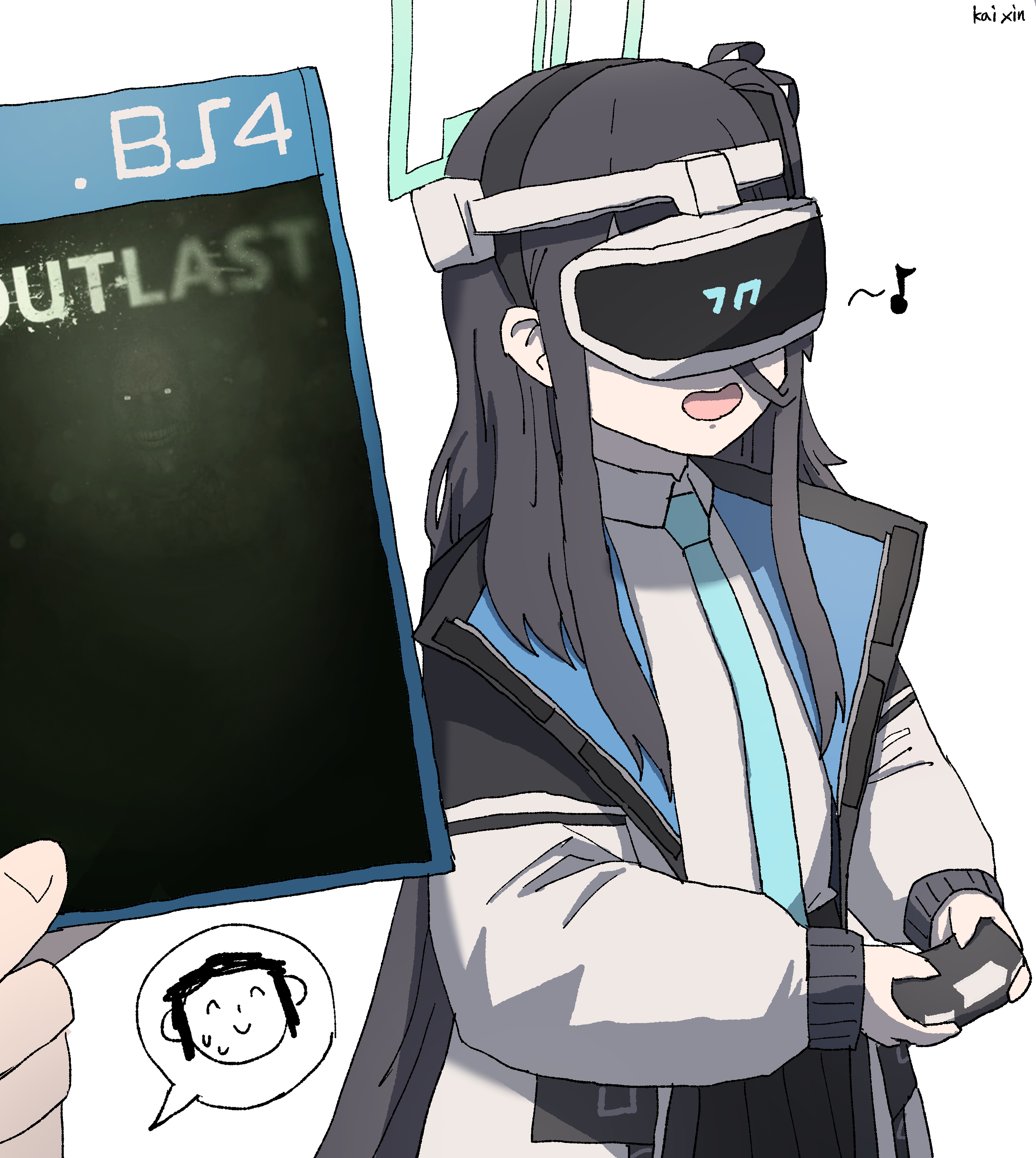 kai xin, aris (blue archive), doodle sensei (blue archive), sensei (blue archive), blue archive, outlast, absurdres, commentary, highres, 1boy, 1girl, aqua necktie, artist name, black hair, controller, game controller, halo, head-mounted display, holding, holding controller, holding game controller, jacket, musical note, necktie, one side up, pov, pov hands, shirt, spoken expression, sweatdrop, two-sided fabric, two-sided jacket, white jacket, white shirt