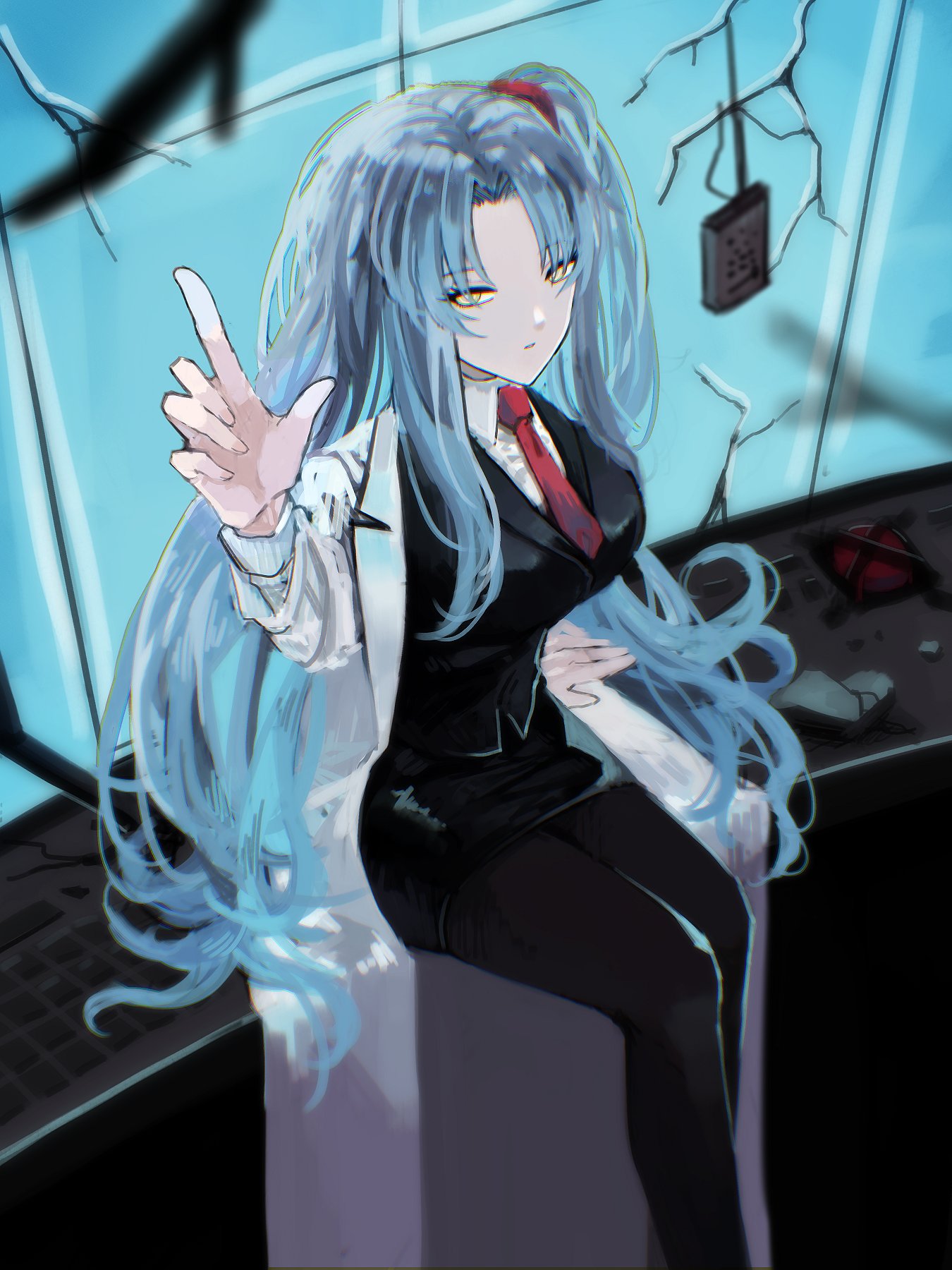 starhoshi, angela (project moon), lobotomy corporation, project moon, highres, 1girl, black pantyhose, black skirt, black vest, blue hair, breasts, coat, collared shirt, cowboy shot, crack, cracked glass, lab coat, large breasts, long hair, long sleeves, looking at viewer, necktie, one side up, pantyhose, parted bangs, reaching, reaching towards viewer, red necktie, shirt, sitting, skirt, solo, upper body, vest, white coat, white shirt, yellow eyes