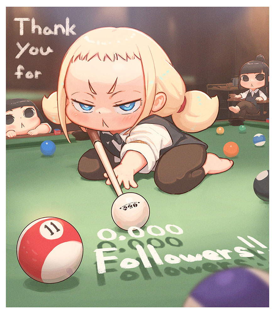 kozato (yu kozato), little blonde girl (kozato), original, commentary request, 3girls, :<, ball, barefoot, billiard ball, billiards, black bow, black bowtie, black eyes, black hair, black vest, blonde hair, blue eyes, blurry, blurry background, blush, bow, bowtie, brown pants, closed mouth, collared shirt, crossed legs, cue stick, depth of field, forehead, holding, indoors, milestone celebration, multiple girls, on table, pants, ponytail, pool table, shirt, short eyebrows, siblings, sisters, sitting, table, thank you, thick eyebrows, twins, twintails, v-shaped eyebrows, vest, white shirt