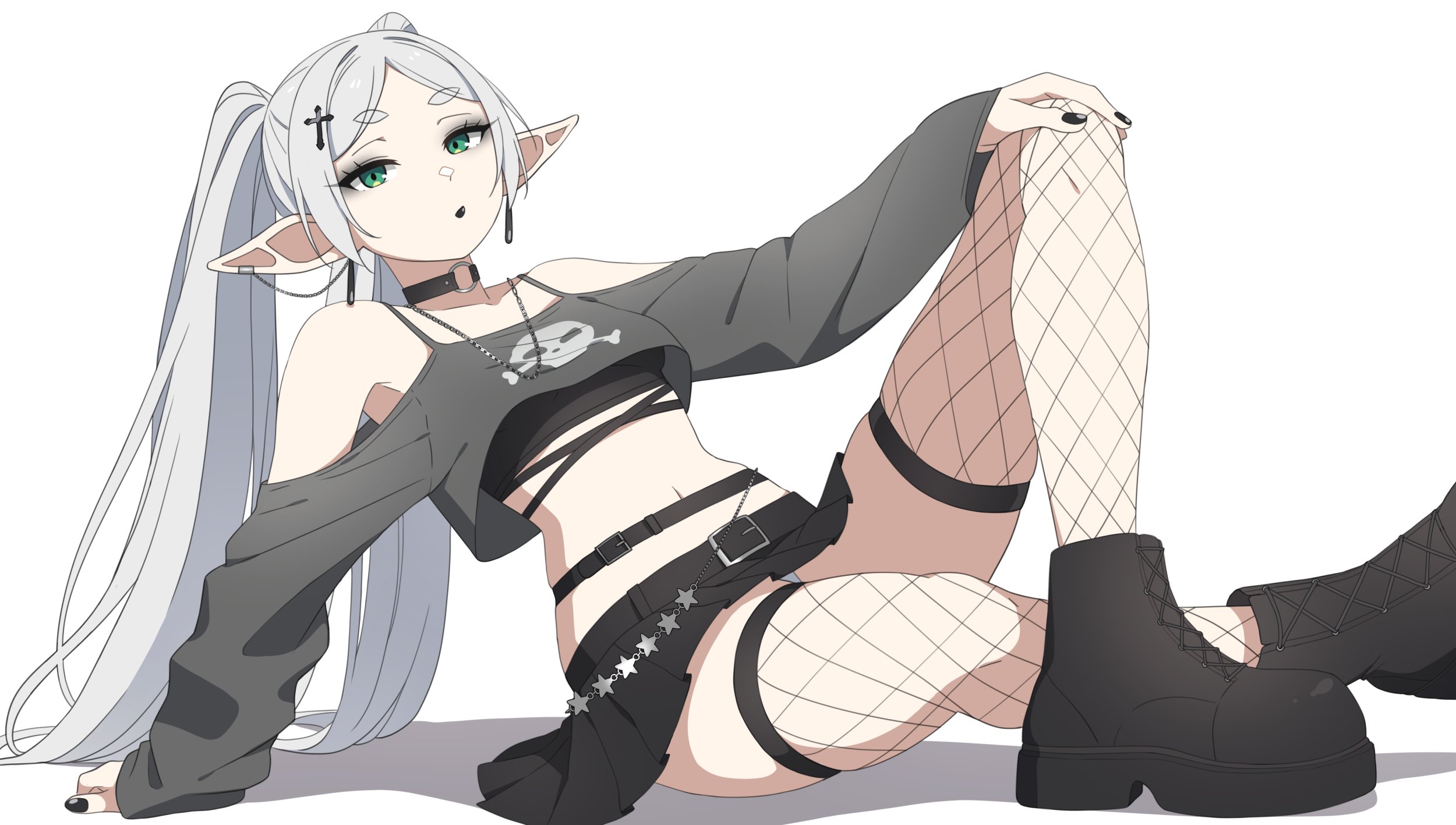 nekoromancer, frieren, sousou no frieren, highres, 1girl, black choker, black lips, black nails, boots, breasts, choker, cross, earrings, elf, emo fashion, eyeshadow, fishnets, goth fashion, green eyes, grey hair, jewelry, makeup, panties, panty peek, parted bangs, pleated skirt, pointy ears, skirt, solo, sports bra, teardrop earrings, twintails, underboob, underwear