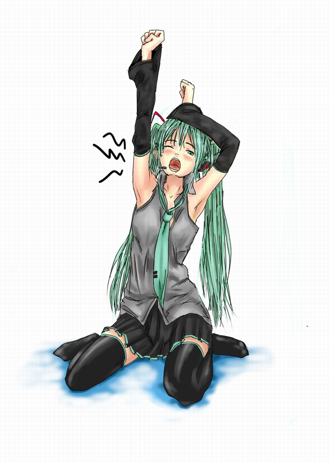 hatsune miku, vocaloid, 1girl, aqua necktie, armpits, black thighhighs, blouse, collared shirt, detached sleeves, female focus, green hair, grey shirt, long hair, necktie, one eye closed, shirt, sleeveless, sleeveless shirt, solo, thighhighs, very long hair, white background, wink, yawning, zettai ryouiki