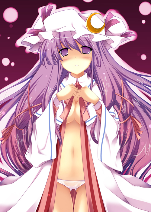 ibuki pon, patchouli knowledge, touhou, 1girl, blush, breasts, cleavage, female focus, gradient background, hat, long hair, open clothes, panties, purple eyes, purple hair, solo, underwear, undressing