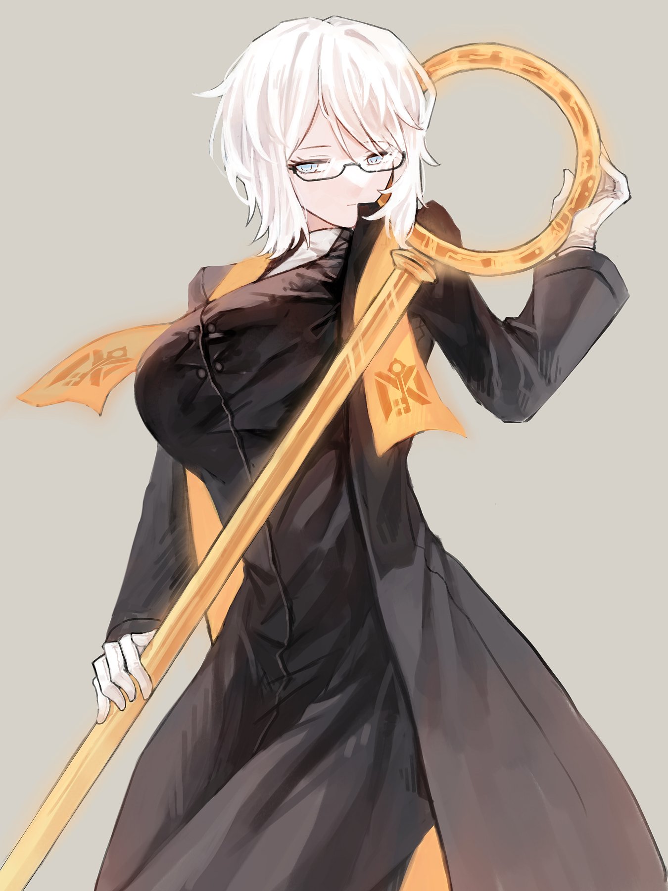 starhoshi, faust (project moon), limbus company, project moon, highres, 1girl, black coat, blue eyes, breasts, closed mouth, coat, dieci association south uniform, glasses, gloves, grey background, holding, holding key, key, large breasts, long sleeves, looking at viewer, short hair, simple background, solo, standing, upper body, white gloves, white hair, yellow stole