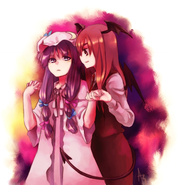 takishima asaka, koakuma, patchouli knowledge, embodiment of scarlet devil, touhou, 2girls, black skirt, bow, demon girl, female focus, frills, hat, head wings, holding, long hair, long sleeves, mob cap, multiple girls, pink bow, purple eyes, purple hair, red eyes, red hair, robe, simple background, skirt, very long hair, vest, white background, wings, yuri