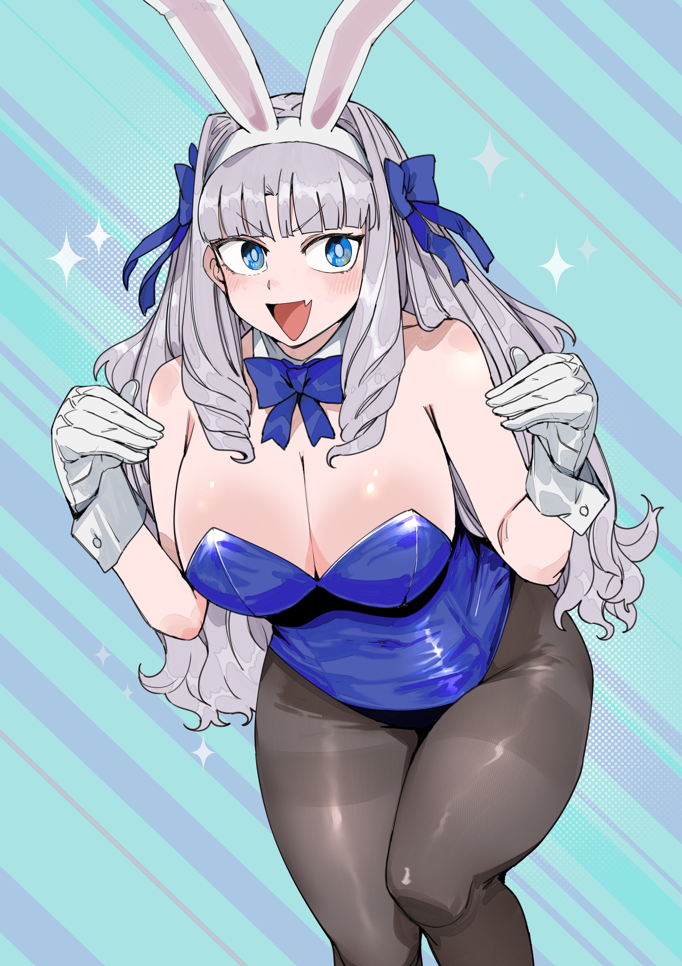 nikukaiq, fujido oriko, giant ojou-sama, absurdres, highres, 1girl, animal ears, bare shoulders, blue eyes, blue leotard, bow, breasts, cleavage, detached collar, fake animal ears, grey hair, hair bow, large breasts, leotard, pantyhose, playboy bunny, rabbit ears, rabbit tail, smile, strapless, strapless leotard, tail, white wrist cuffs, wrist cuffs