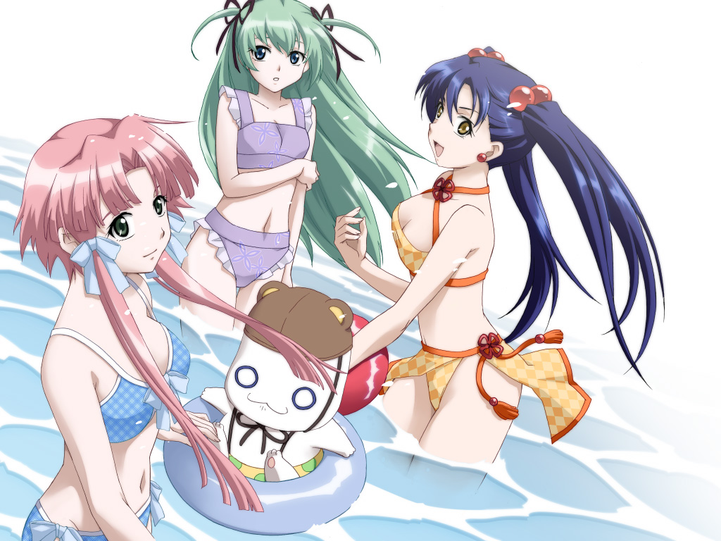 aika granzchesta, alice carroll, aria pokoteng, mizunashi akari, aria (manga), 00s, 3girls, :3, bikini, blue hair, breasts, checkered bikini, checkered clothes, cleavage, frilled bikini, frills, green hair, hair bobbles, hair ornament, hair ribbon, innertube, multiple girls, navel, pink hair, plaid bikini, plaid clothes, ribbon, short twintails, swim ring, swimsuit, twintails, water