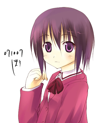 boshi (a-ieba), boshinote, kawazoe tamaki, bamboo blade, lowres, 00s, 1girl, artist name, ascot, dated, female focus, purple eyes, purple hair, short hair, signature, simple background, solo, white background