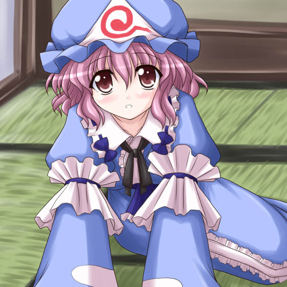 bococho, saigyouji yuyuko, touhou, 1girl, female focus, hat, pink hair, red eyes, solo