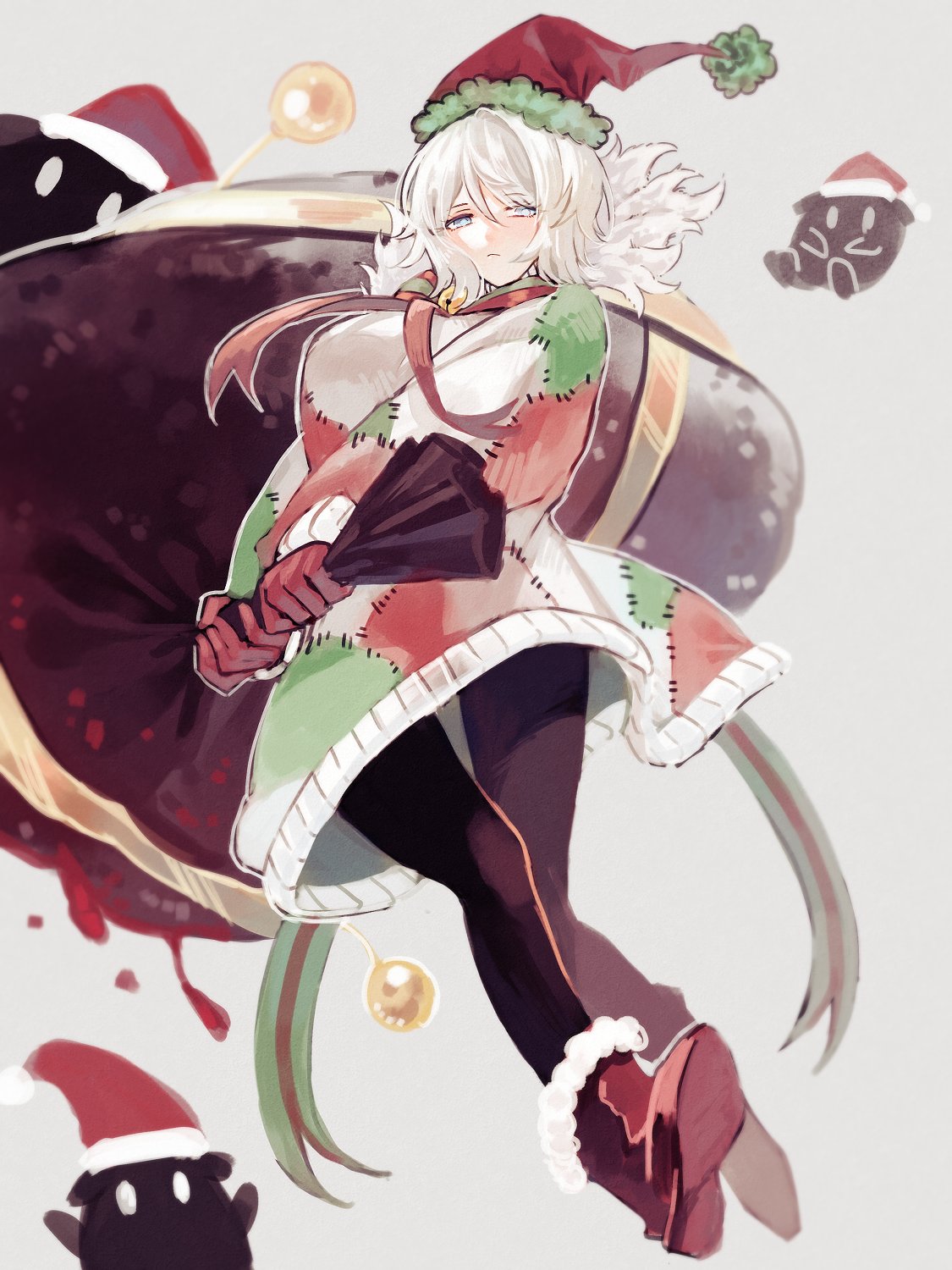 starhoshi, faust (project moon), limbus company, project moon, highres, 1girl, black pantyhose, blue eyes, boots, breasts, closed mouth, e.g.o (project moon), full body, fur-trimmed boots, fur trim, gloves, grey background, hat, holding, holding sack, holiday (e.g.o), long sleeves, looking at viewer, pantyhose, patchwork clothes, red gloves, red hat, red ribbon, red shoes, ribbon, sack, santa hat, shoes, short hair, simple background, solo, standing, sweater, white hair, white sweater