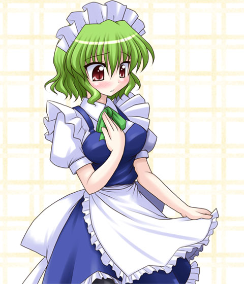 bococho, izayoi sakuya, kazami yuuka, touhou, 1girl, alternate costume, apron, blush, cosplay, enmaided, female focus, green hair, izayoi sakuya (cosplay), maid, maid apron, maid headdress, solo