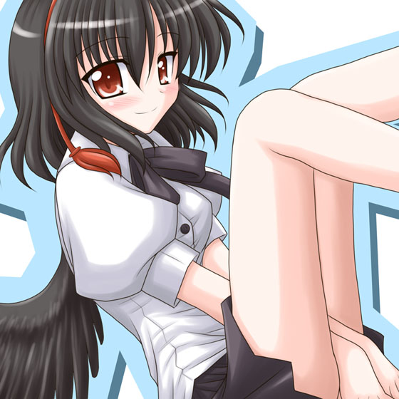 bococho, shameimaru aya, touhou, 1girl, black hair, black wings, female focus, hat, red eyes, skirt, solo, tokin hat, wings