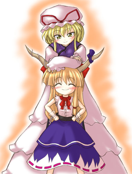bococho, ibuki suika, yakumo yukari, touhou, 2girls, ^ ^, blonde hair, blue ribbon, bow, chain, closed eyes, dress, female focus, flat chest, frills, hair bow, hat, hat ribbon, height difference, horn ornament, horn ribbon, horns, long sleeves, mob cap, multiple girls, neck ribbon, oni, orange hair, pink ribbon, red bow, red ribbon, ribbon, ribbon-trimmed skirt, ribbon trim, shirt, skirt, skirt set, sleeveless, sleeveless shirt, smile, white dress, white hat, wrist cuffs, yellow eyes