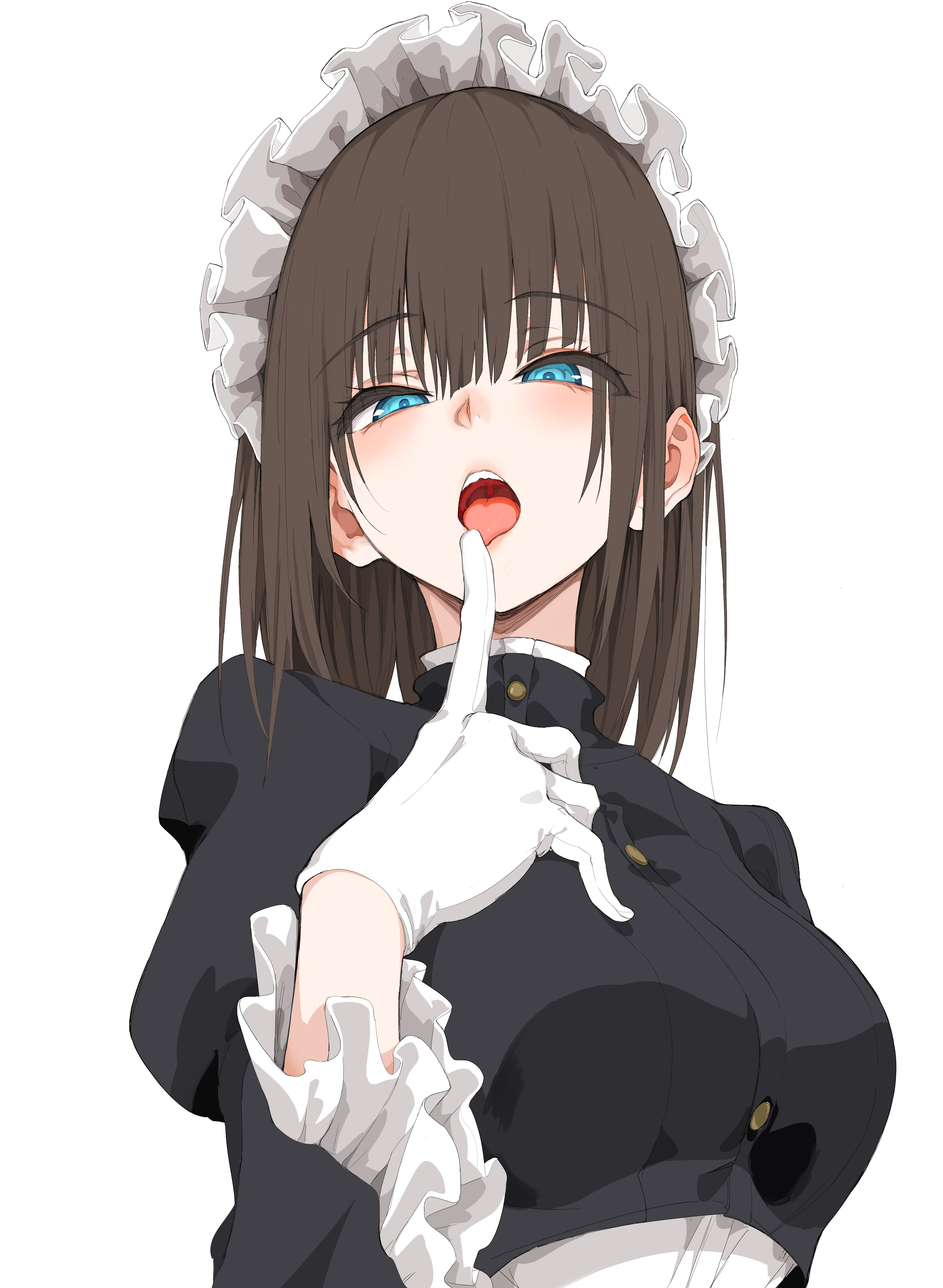 kyokucho, rurikawa tsubaki, original, absurdres, highres, 1girl, black dress, blue eyes, blush, brown hair, dress, finger to mouth, frills, gloves, looking at viewer, maid, maid headdress, medium hair, open mouth, puffy sleeves, simple background, solo, tongue, tongue out, white gloves