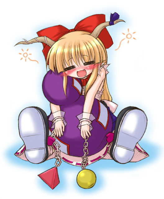 bococho, ibuki suika, touhou, 1girl, blush, blush stickers, closed eyes, drunk, female focus, horns, oni, orange hair, solo