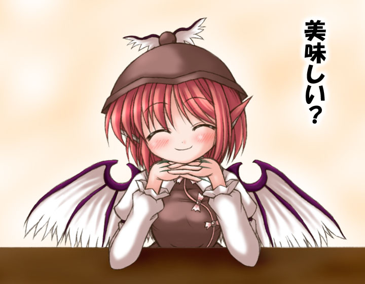bococho, mystia lorelei, touhou, 1girl, animal ears, blush, brown hat, closed eyes, female focus, fingernails, hat, red hair, sharp fingernails, short hair, smile, solo, wings
