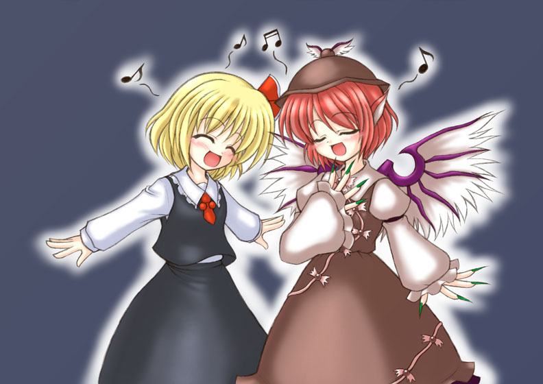 bococho, mystia lorelei, rumia, touhou, 2girls, animal ears, blonde hair, blush, closed eyes, female focus, fingernails, green nails, hair ribbon, hat, long fingernails, multiple girls, music, musical note, nail polish, necktie, outstretched arms, quaver, red hair, ribbon, short hair, simple background, singing, smile, spread arms, wings