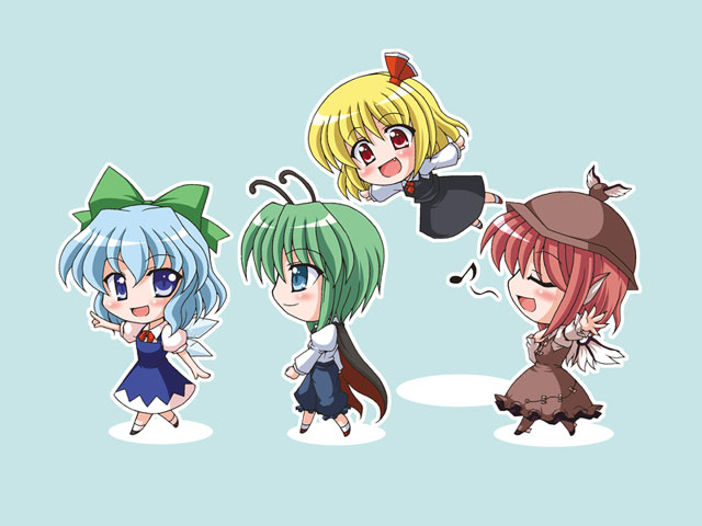 bococho, cirno, mystia lorelei, rumia, wriggle nightbug, touhou, 4girls, animal ears, antennae, aqua background, blonde hair, blue eyes, blue hair, bow, cape, chibi, closed eyes, female focus, green hair, hair bow, hair ribbon, hat, multiple girls, music, musical note, pink hair, quaver, red eyes, ribbon, short hair, simple background, singing, team 9 (touhou), wings