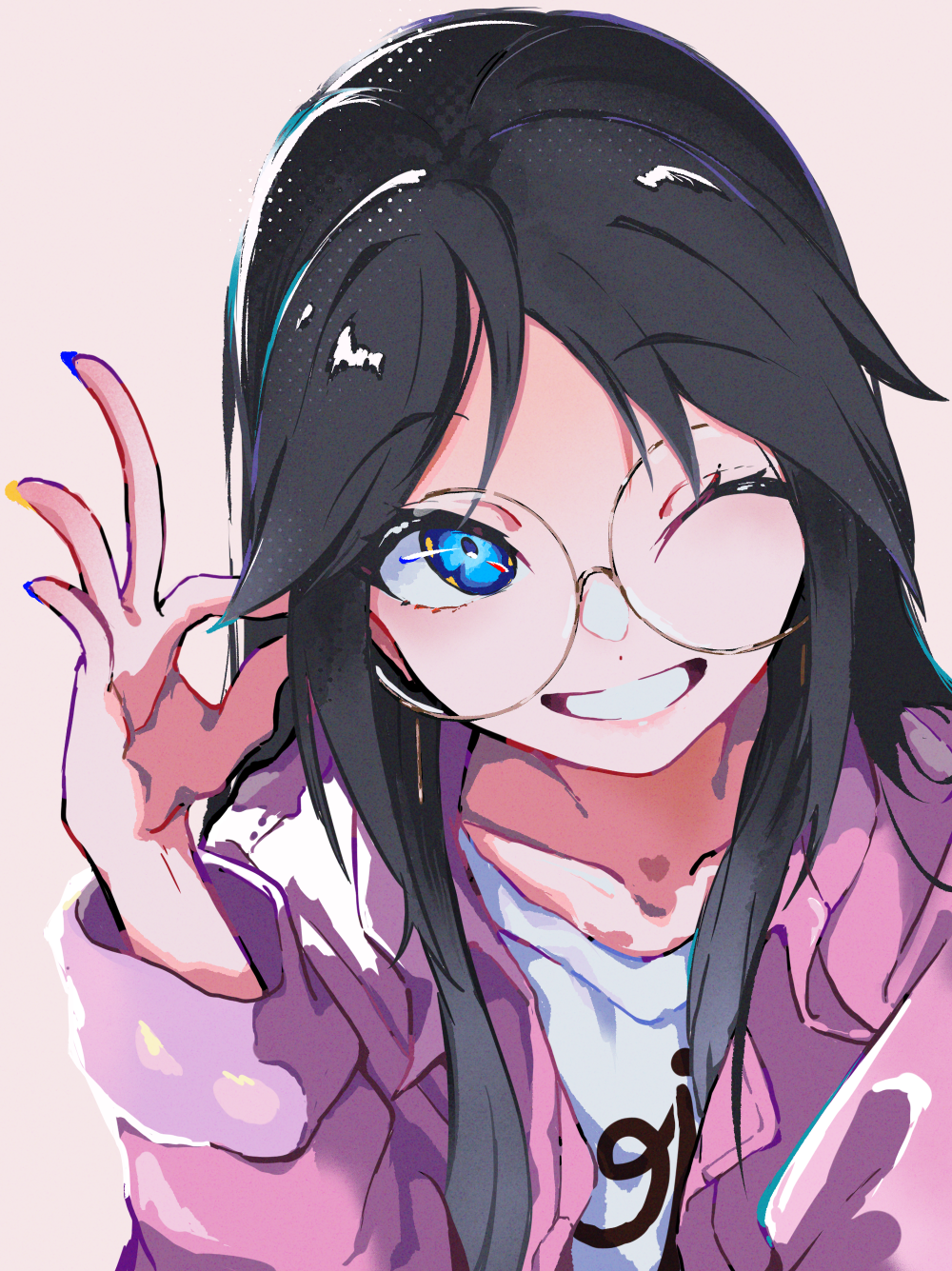 goma (gogo gowa), mitsumine yuika, idolmaster, idolmaster shiny colors, commentary, highres, 1girl, ;d, black hair, blue eyes, collarbone, fingernails, glasses, jacket, long hair, looking at viewer, multicolored nails, nail polish, one eye closed, open mouth, pink jacket, round eyewear, shirt, simple background, smile, solo, straight hair, upper body, white shirt