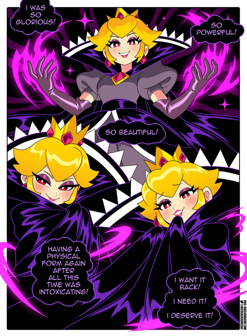 nico-neko, shadow queen, mario (series), nintendo, paper mario, paper mario: the thousand-year door, non-web source, 1girl, black dress, black gloves, blonde hair, blush, bracelet, breasts, brooch, colored skin, crown, dark persona, dress, earrings, elbow gloves, gloves, hair ornament, jewelry, lipstick, long hair, looking at viewer, makeup, medici collar, multiple girls, necklace, open mouth, possessed, purple dress, red eyes, ring, smile, solo, sparkle
