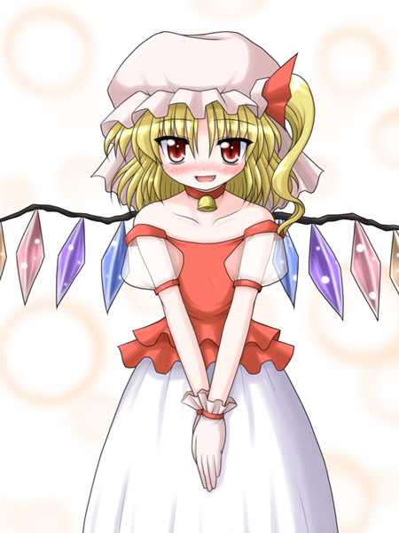 bococho, flandre scarlet, embodiment of scarlet devil, touhou, 1girl, alternate costume, blonde hair, blush, female focus, hair between eyes, hat, mob cap, off shoulder, red eyes, solo, white hat, wings