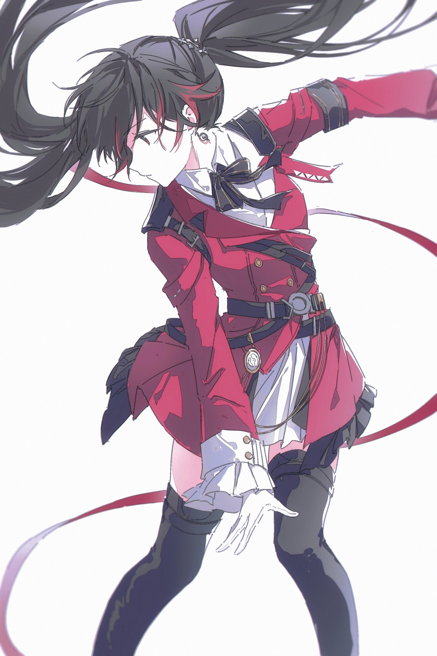 lucia: plume (pgr), lucia (pgr), punishing: gray raven, artist request, highres, 1girl, alternate costume, black hair, earrings, frilled skirt, frills, gloves, jewelry, long hair, looking to the side, multicolored hair, red eyes, red streaks, simple background, skirt, solo, thighhighs, twintails, two-tone hair, white background, white gloves