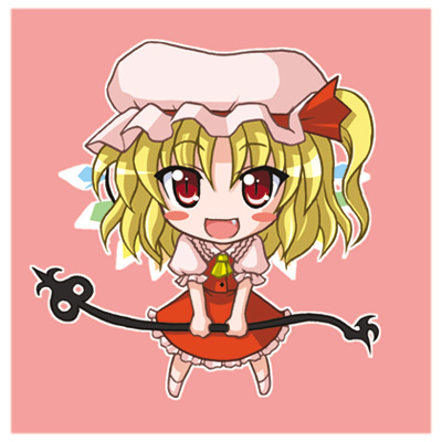 bococho, flandre scarlet, touhou, lowres, 1girl, ascot, blonde hair, blush, blush stickers, chibi, fang, female focus, full body, hat, mob cap, outline, pink background, red eyes, simple background, solo, standing, wings, yellow ascot