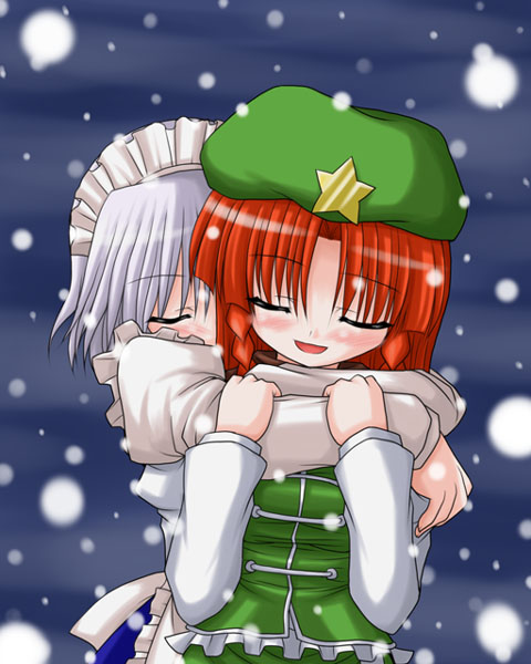 bococho, hong meiling, izayoi sakuya, touhou, 2girls, female focus, grey hair, hairband, hat, multiple girls, red hair, scarf, shared clothes, shared scarf, snow, snowing