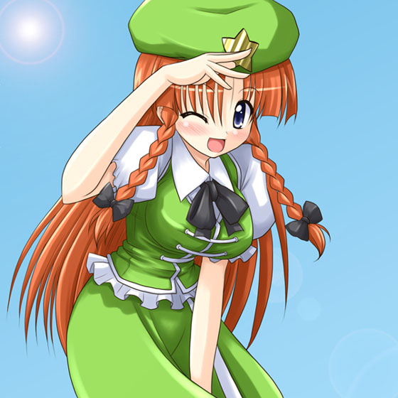 bococho, hong meiling, embodiment of scarlet devil, touhou, 1girl, blue eyes, blush, bow, bowtie, braid, breasts, day, female focus, hair bow, hat, large breasts, leaning forward, long hair, one eye closed, orange hair, red hair, salute, shading eyes, sky, smile, solo, star (symbol), sun, twin braids, wink