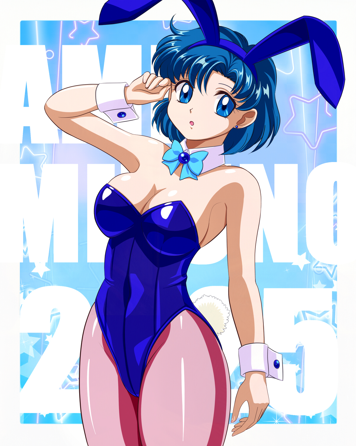 pirochi, mizuno ami, bishoujo senshi sailor moon, highres, :o, armpits, blue eyes, blue hair, blue leotard, breasts, character name, cleavage, collar, covered navel, dated, detached collar, earrings, jewelry, large breasts, leotard, looking at viewer, open mouth, pantyhose, playboy bunny, stud earrings, white collar, wrist cuffs