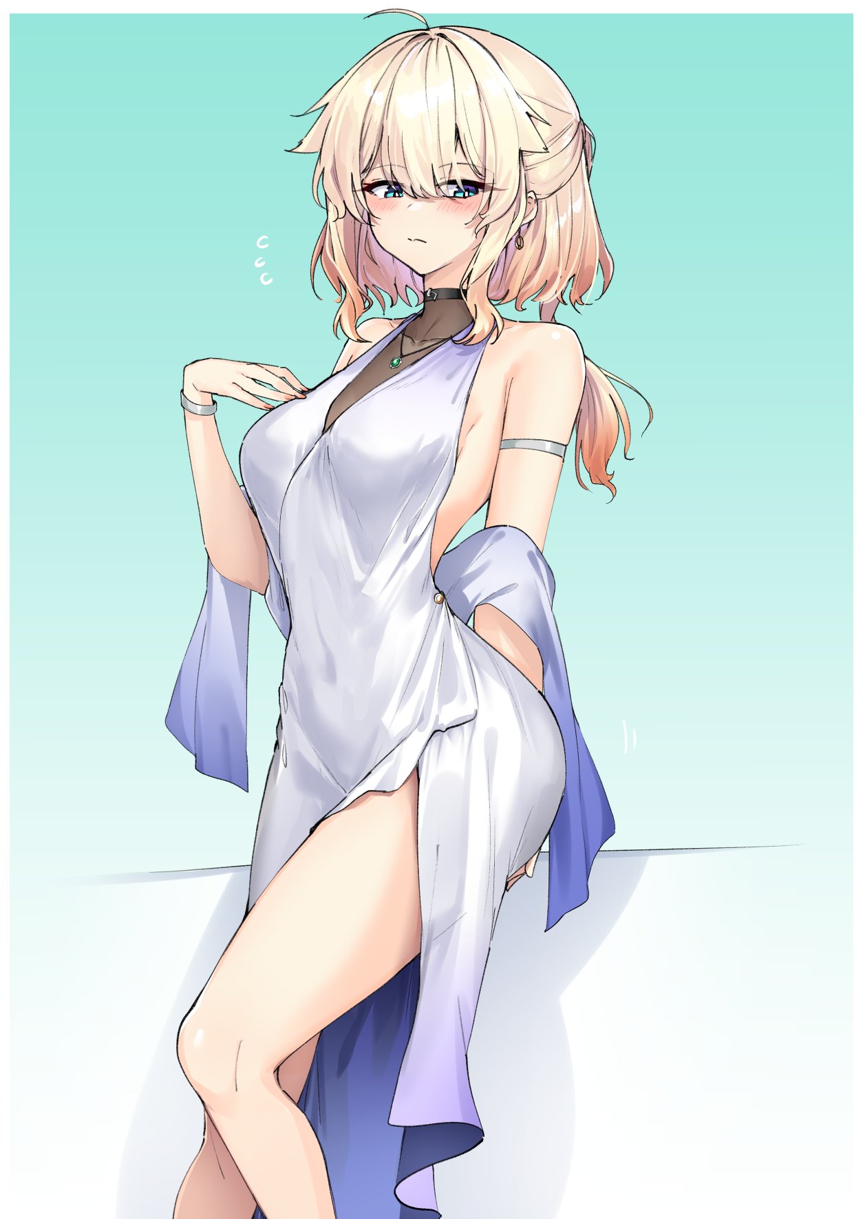 zooanime, one (cevio), cevio, commentary, highres, 1girl, ahoge, alternate costume, arm behind back, armlet, bare shoulders, black choker, blonde hair, blue eyes, bracelet, braid, braided ponytail, breasts, choker, closed mouth, collarbone, dress, earrings, embarrassed, evening gown, feet out of frame, flying sweatdrops, gradient hair, hair between eyes, hair flaps, hand up, jewelry, large breasts, leaning back, long hair, looking at viewer, multicolored hair, nail polish, orange hair, red nails, see-through cleavage, see-through clothes, shawl, side slit, sidelocks, silver bracelet, simple background, single braid, sleeveless, sleeveless dress, solo, standing, thighs, white dress, white shawl