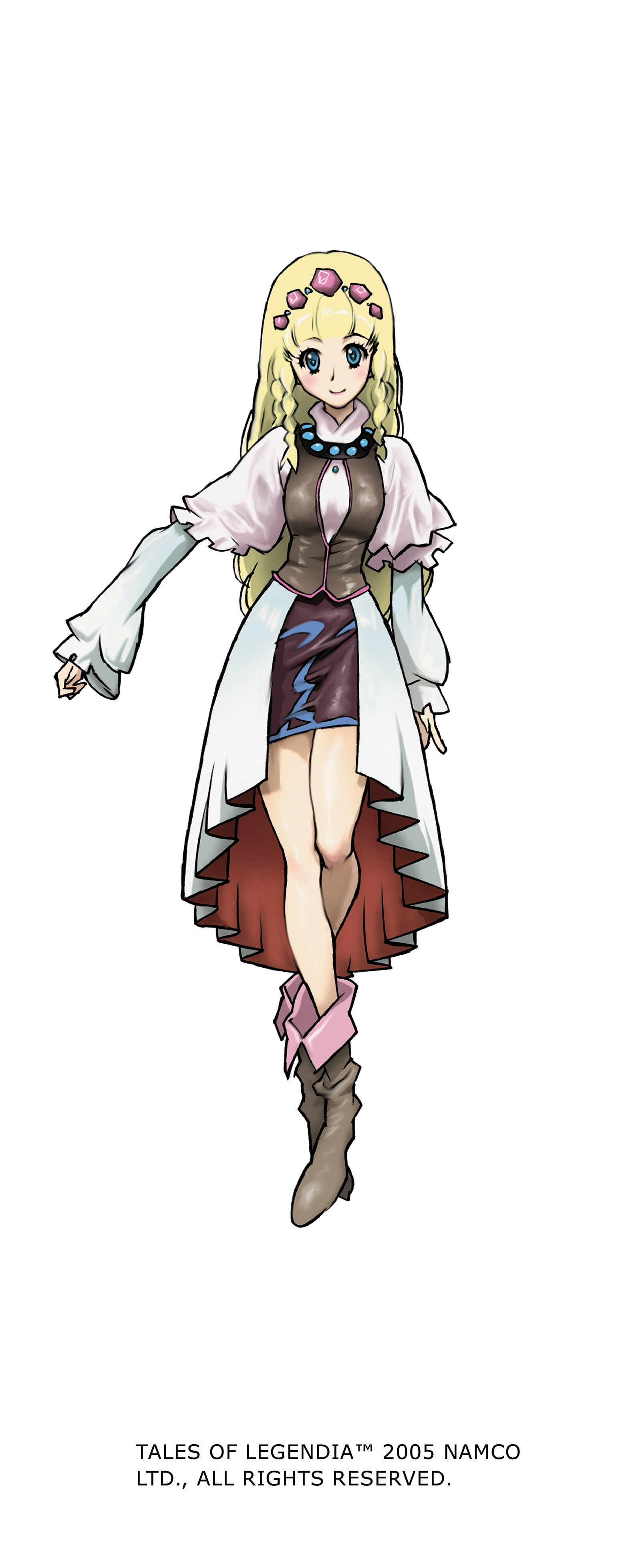 nakazawa kazuto, shirley fennes, tales of (series), tales of legendia, absurdres, highres, long image, official art, tall image, 00s, 1girl, 2005, blonde hair, blue eyes, boots, braid, brooch, crossed legs, dress, female focus, full body, hair ornament, jewelry, knee boots, long hair, long sleeves, miniskirt, skirt, smile, solo, standing, vest, watson cross, white background