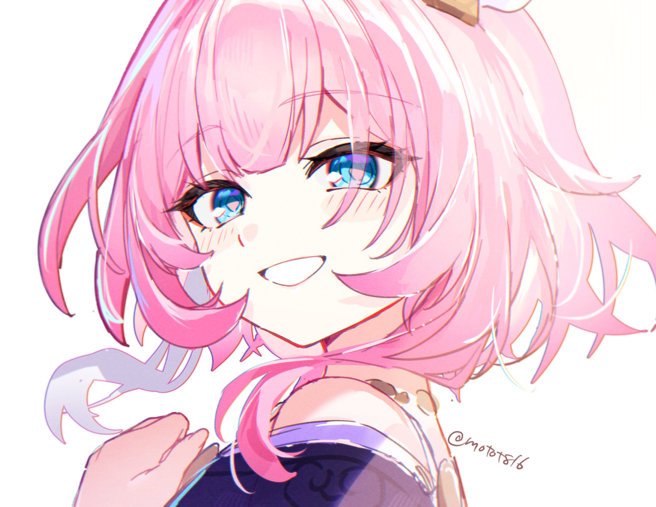 mm (motot), cyrene (honkai: star rail), honkai: star rail, honkai (series), commentary request, highres, 1girl, bare shoulders, blue eyes, blush, breasts, coat, cyrene (aedes elysiae) (honkai: star rail), dress, hair ornament, jewelry, looking at viewer, multicolored hair, necklace, pink hair, purple coat, short hair, simple background, small breasts, smile, solo, twitter username, two-tone hair, white background, white dress, white hair