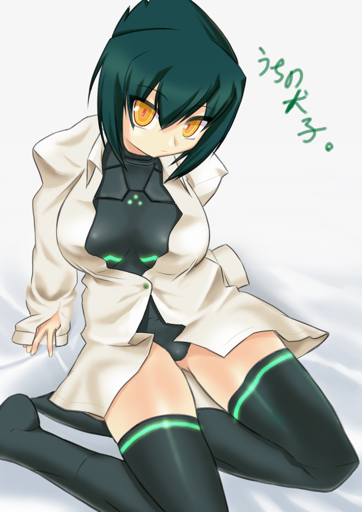 oki (okiraku jidaraku), howling (busou shinki), busou shinki, 10s, 1girl, bed sheet, black thighhighs, bodysuit, breasts, breasts apart, buttons, dress shirt, expressionless, female focus, full body, glowing, green hair, hair between eyes, head tilt, indoors, large breasts, leotard, long sleeves, looking at viewer, neon trim, on bed, open clothes, open shirt, orange eyes, shirt, short hair, sitting, sleeves past wrists, solo, thighhighs, turtleneck, yellow eyes, yokozuwari