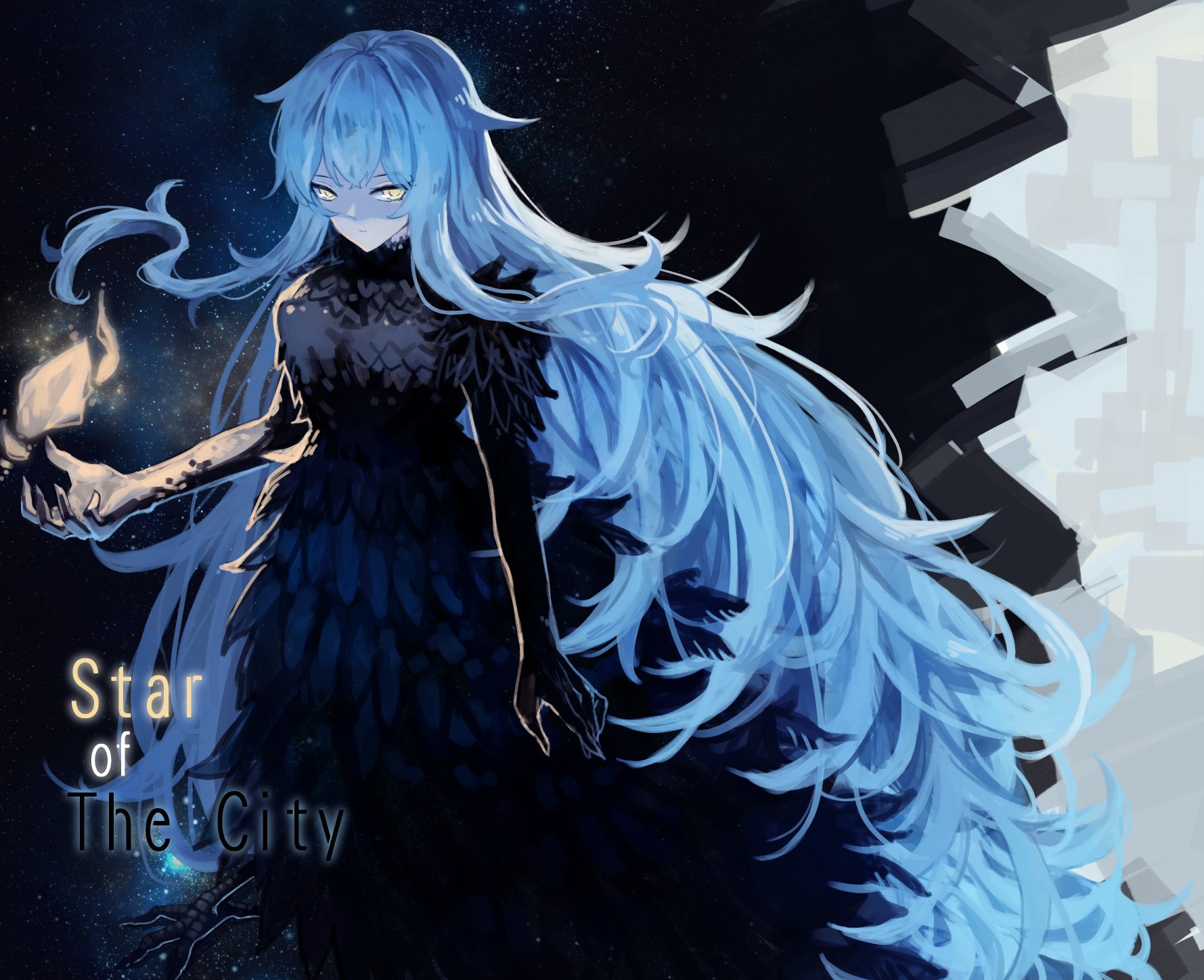 starhoshi, angela (project moon), library of ruina, project moon, highres, 1girl, black background, black dress, black feathers, black gloves, blue hair, closed mouth, dress, feather-trimmed dress, feathers, gloves, long hair, looking at viewer, simple background, solo, standing, upper body, very long hair, yellow eyes