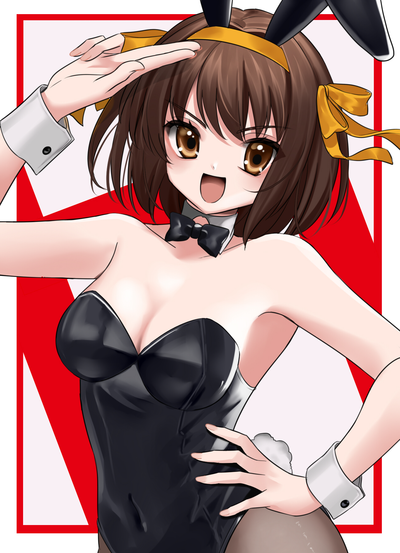 suzumiya haruhi, suzumiya haruhi no yuuutsu, commentary request, highres, 1girl, :d, a zaka, animal ears, black bow, black bowtie, black leotard, bow, bowtie, breasts, brown eyes, brown hair, cleavage, covered navel, detached collar, fake animal ears, fake tail, hair ribbon, hairband, hand on own hip, hand up, leotard, looking at viewer, medium breasts, medium hair, official alternate costume, open mouth, playboy bunny, rabbit ears, rabbit tail, ribbon, smile, solo, standing, strapless, strapless leotard, tail, tongue, white wrist cuffs, wrist cuffs, yellow hairband, yellow ribbon