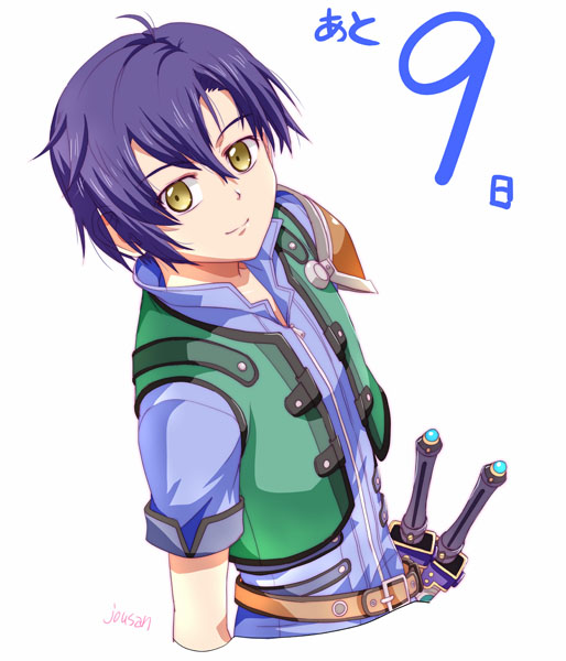 xiacheng tatsuya, joshua bright, eiyuu densetsu, sora no kiseki, 1boy, ahoge, armor, artist name, closed mouth, countdown, cropped jacket, double-parted bangs, hair between eyes, looking at viewer, male focus, pauldrons, short hair, short sleeves, shoulder armor, simple background, single pauldron, sleeveless, sleeveless jacket, smile, solo, sword, upper body, weapon, white background, yellow eyes