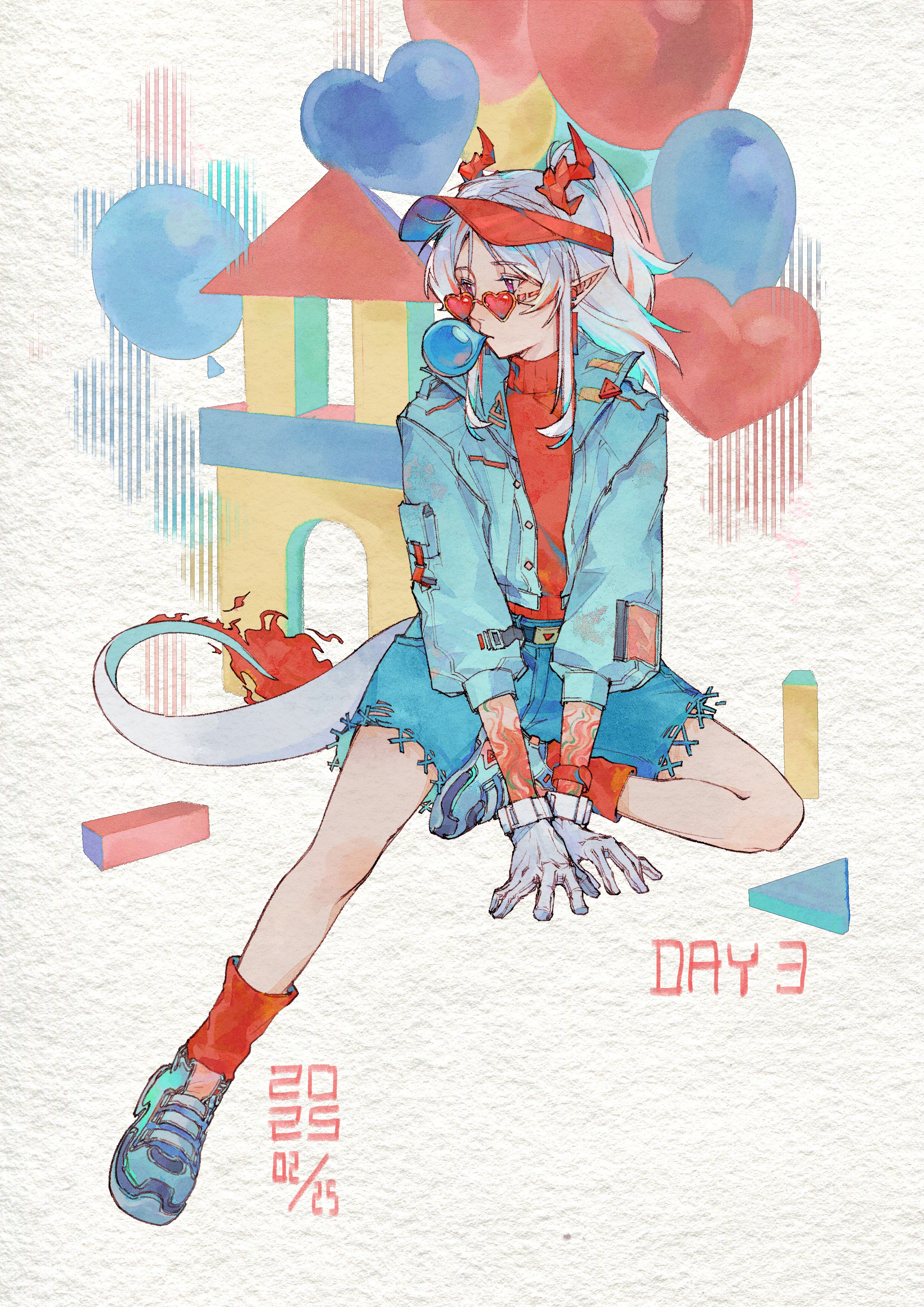 bingyu460, nian (arknights), arknights, absurdres, chinese commentary, commentary request, highres, partial commentary, 1girl, balloon, blowing bubble gum, blue hair, blue jacket, blue shoes, blue shorts, chewing gum, dated, dragon girl, dragon horns, dragon tail, earrings, full body, gloves, grey gloves, grey hair, heart, heart-shaped eyewear, heart balloon, horns, jacket, jewelry, kneehighs, looking to the side, medium hair, multicolored hair, open clothes, open jacket, orange-tinted eyewear, orange hair, orange socks, orange sweater, paper texture, pointy ears, purple eyes, shoes, shorts, sitting, socks, solo, streaked hair, sweater, tail, three-quarter sleeves, tinted eyewear, toy, turning head, turtleneck, turtleneck sweater, visor cap