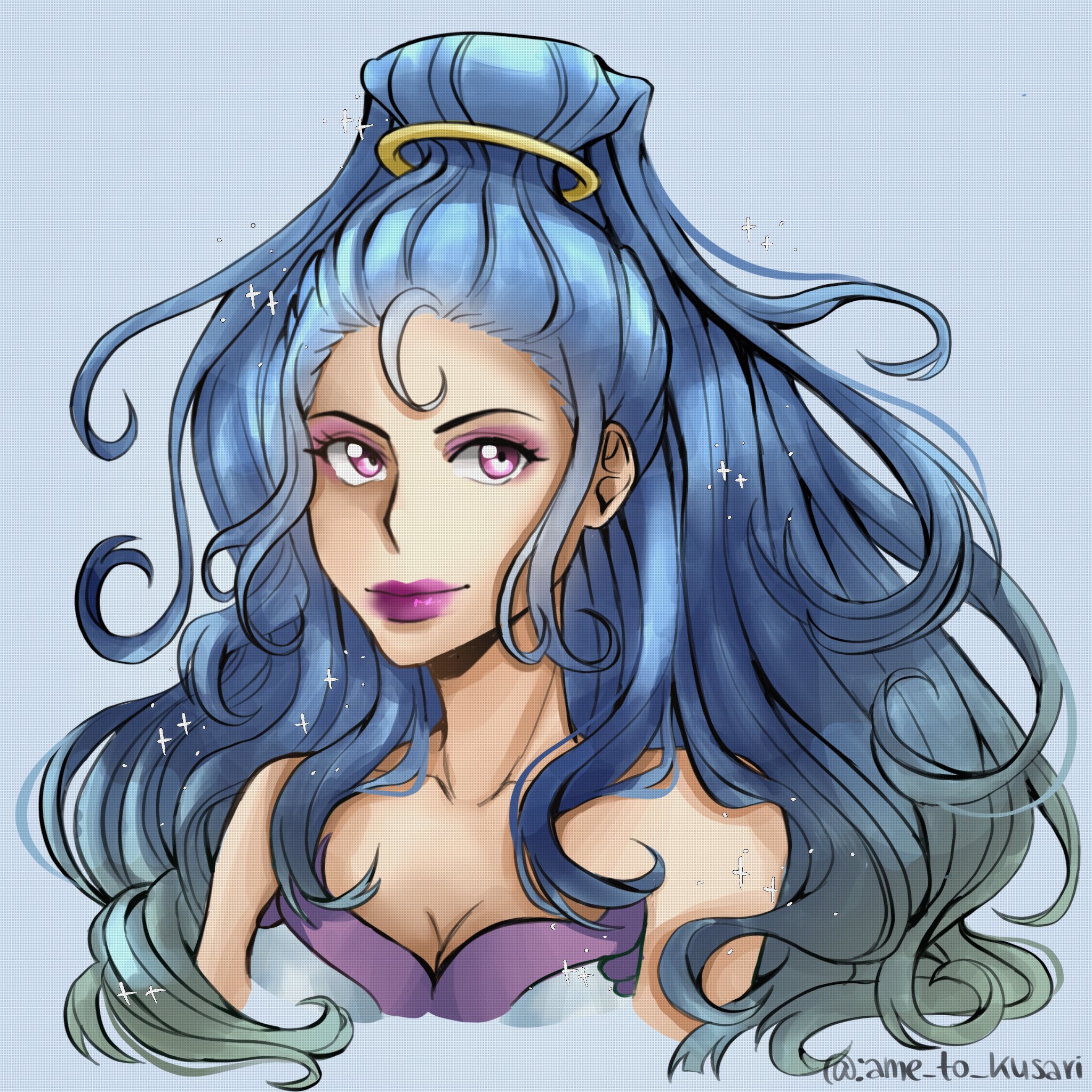 ame to kusari, amazon pandora, pandora (kid icarus), kid icarus, kid icarus uprising, nintendo, highres, blue background, blue hair, blue theme, breasts, cleavage, collarbone, cropped shoulders, eyeshadow, makeup, purple eyes, purple eyeshadow, purple lips, solo, sparkle, twitter username, upper body