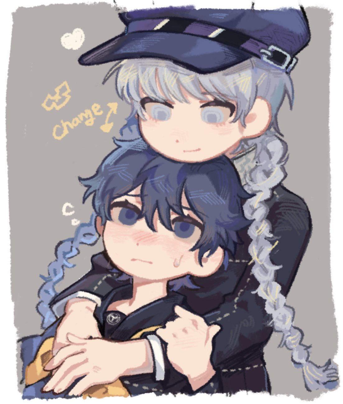 narukami yu, shirogane naoto, persona, persona 4, commentary request, highres, korean commentary, 1boy, 1girl, black jacket, blue eyes, blue hair, braid, chin rest, closed mouth, english text, grey background, grey eyes, grey hair, hand on another's arm, hat, head on head, head rest, heart, hetero, hug, hug from behind, jacket, long hair, long sleeves, looking at another, newsboy cap, official alternate hairstyle, sailor collar, school uniform, short hair, simple background, smile, sweat, twin braids, upper body, xikq0py, yasogami school uniform