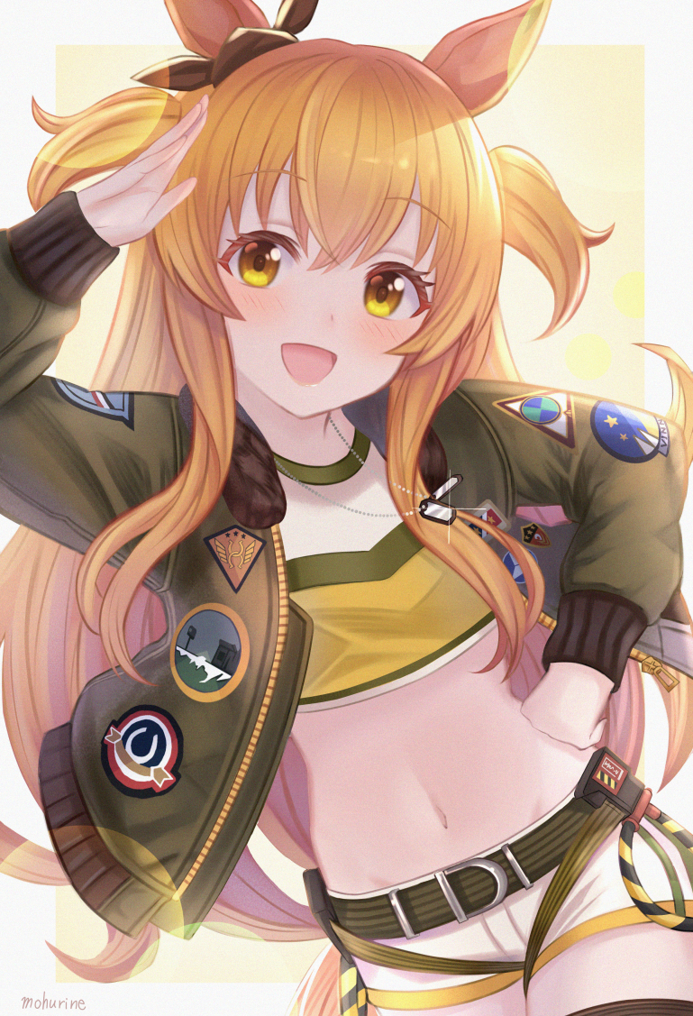 mohurine cute, mayano top gun (umamusume), umamusume, commentary, 1girl, :d, animal ears, artist name, belt, blush, bomber jacket, border, bow, breasts, brown ribbon, cowboy shot, crop top, dog tags, ear bow, ear ribbon, film grain, green belt, green jacket, hand on own hip, hand to head, horse ears, horse girl, horse tail, jacket, long hair, long sleeves, looking at viewer, midriff, navel, open clothes, open jacket, open mouth, orange eyes, orange hair, orange tail, ribbon, salute, shirt, short shorts, shorts, small breasts, smile, solo, sun glare, tail, two side up, white border, white shorts, yellow background