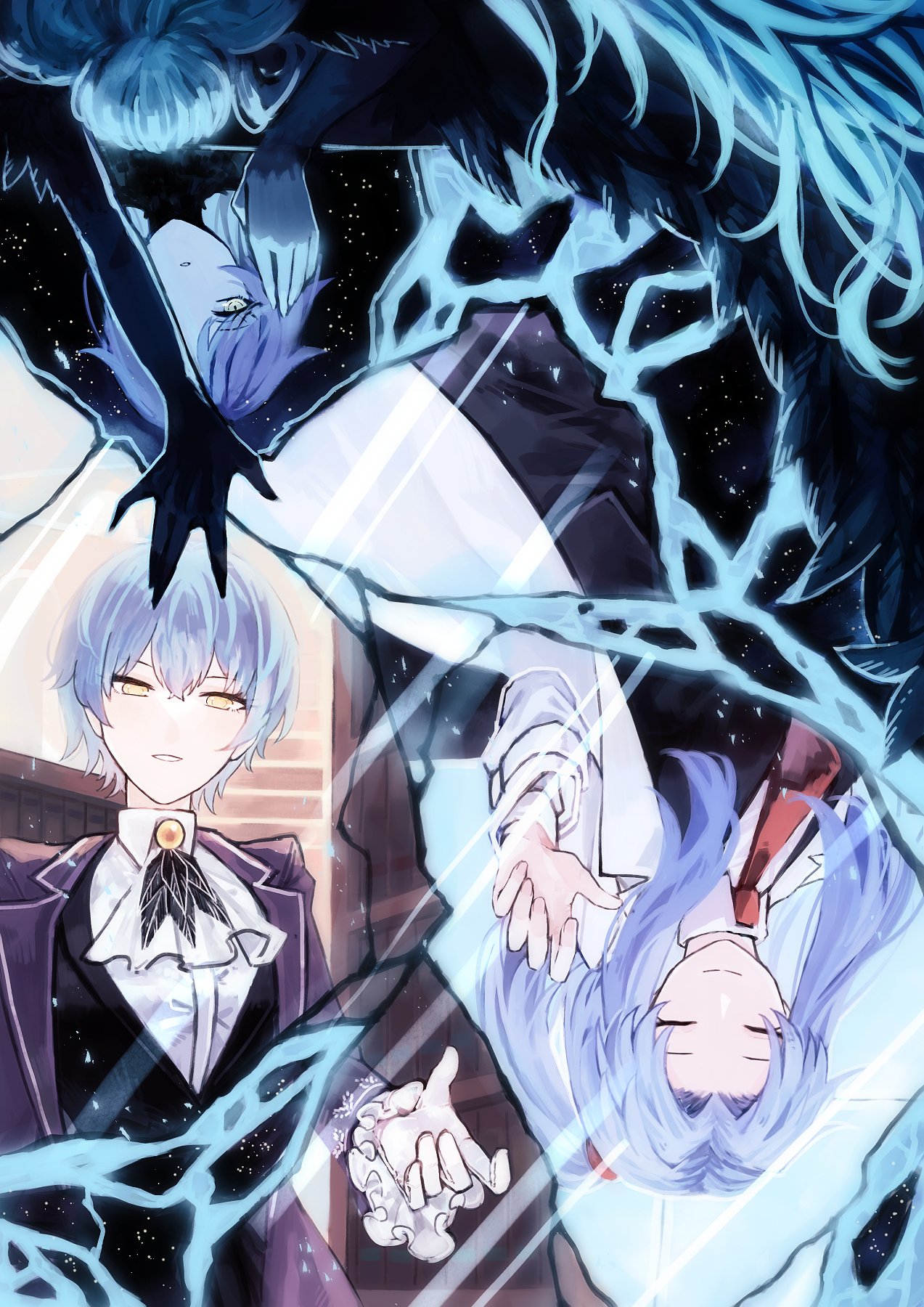 starhoshi, angela (project moon), library of ruina, lobotomy corporation, project moon, highres, 1girl, ascot, black vest, blue coat, blue hair, closed eyes, closed mouth, coat, collared shirt, crack, cracked glass, feather-trimmed dress, gloves, lab coat, long hair, long sleeves, looking at viewer, multiple views, necktie, one side up, parted bangs, reaching, reaching towards viewer, red necktie, shirt, short hair, simple background, solo, upper body, vest, white ascot, white coat, white gloves, white shirt, yellow brooch, yellow eyes