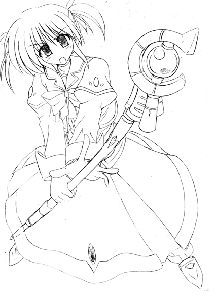 raising heart, takamachi nanoha, lyrical nanoha, mahou shoujo lyrical nanoha, 00s, 1girl, female focus, greyscale, monochrome, sketch, solo