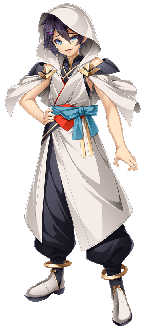 kamitsurugi ouka, kouyoku senki exs-tia concert, game cg, non-web source, official art, variant set, 1boy, anklet, black hair, black pants, blue eyes, capelet, full body, hair between eyes, hair ornament, hairclip, hand on own hip, hood, hood up, japanese clothes, jewelry, kireri (exs-tia concert), looking at viewer, male focus, open mouth, pants, puffy pants, purple hair, sash, short hair, sleeveless, smile, solo, standing, tachi-e, transparent background, white capelet, white hood