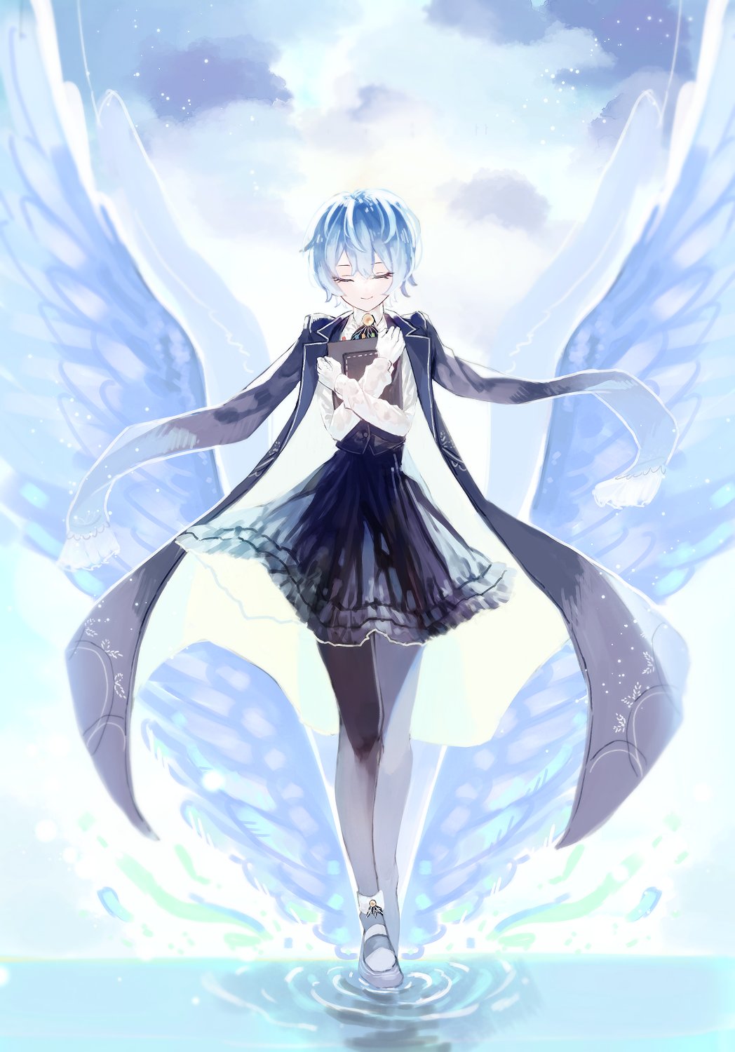 starhoshi, angela (project moon), library of ruina, project moon, highres, 1girl, ascot, black ascot, black pantyhose, black skirt, black vest, blue background, blue coat, blue hair, blue wings, book, closed eyes, closed mouth, coat, coat on shoulders, collared shirt, feathered wings, full body, holding, holding book, long sleeves, looking at viewer, pantyhose, shirt, short hair, simple background, skirt, solo, standing, vest, water, white shirt, wings