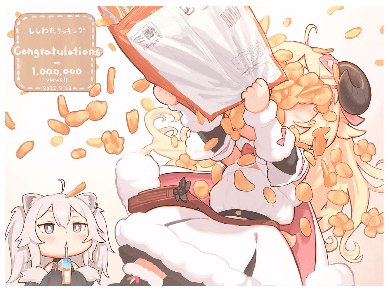 kozato (yu kozato), shishiro botan, shishiro botan (1st costume), tsunomaki watame, tsunomaki watame (1st costume), hololive, commentary request, translation request, 2girls, animal ears, bag, bag of chips, bare shoulders, bendy straw, black jacket, black shirt, blonde hair, chips (food), closed mouth, dress, drinking, drinking straw, food, food on face, fur-trimmed dress, fur-trimmed jacket, fur trim, holding, holding bag, horns, jacket, milestone celebration, multiple girls, off shoulder, outstretched arms, potato chips, sheep ears, sheep girl, sheep horns, shirt, virtual youtuber, white background, white dress